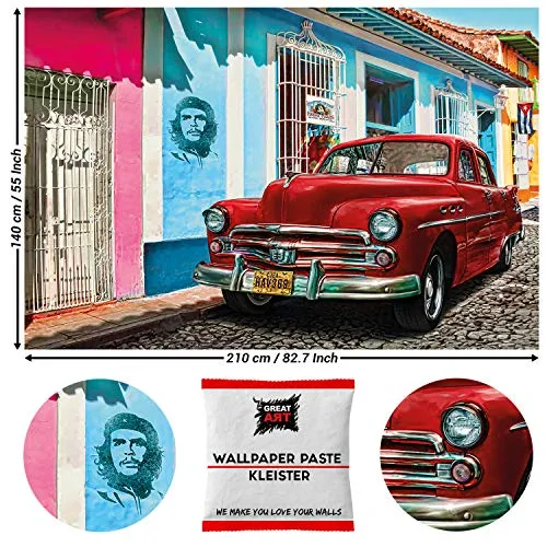 GREAT ART Photo Carta da Parati – Cuba Decorazione Oldtimer Auto Macchina L’Avana Patrimonio Mondiale Red Car La Habana Vieja Città Che Guevara – 210 x 140 cm 5 pezzi e colla