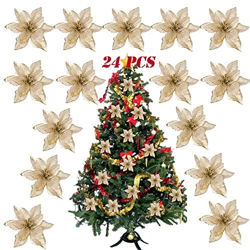 SERWOO (Dia. 15cm) 24pz Fiore Artificiale Natale per Albero Oro Finti Natalizi Decorazione Addobbi Ornamenti Natalizie