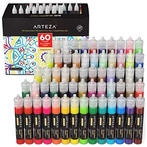 ARTEZA Colori per Tessuti Permanenti 3D, Set di 60 Tubetti da 29 ml, Colori Fluorescenti, Vivaci, Metallizzati e Glitter per Tessuti, per Abbigliamento, Accessori, Ceramica e Vetro