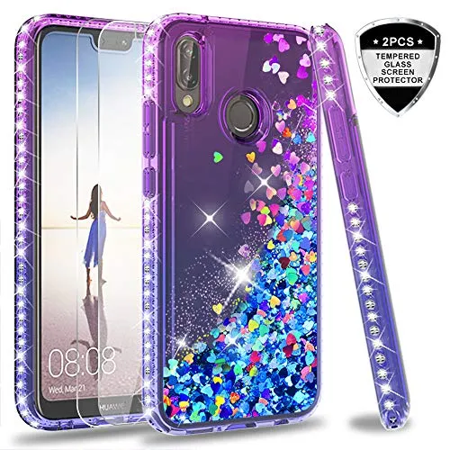 LeYi Custodia Huawei P20 Lite Glitter Cover con Vetro Temperato [2 Pack],Brillantini Diamond Sabbie Mobili Bumper Case Custodie per Huawei P20 Lite Donna ZX Purple Blue Gradient