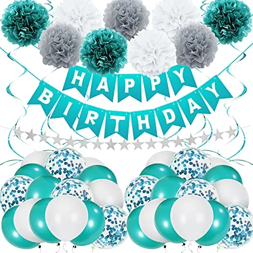 Unisun - Decorazioni per compleanno, motivo Tiffany, colore: blu foglia di tè con scritta "Happy Birthday", con motivo a forma di palloncini, per donne e ragazze, 1° 2° 13° 18° 21° 40° baby shower