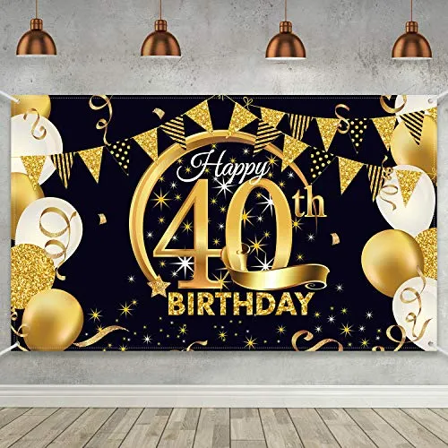 Decorazione della Festa del 40 ° Compleanno, Poster di Tessuto in Oro Nero per 40 °Sfondo di Anniversario Cabina Fotografica, 40 ° Forniture per Feste di Compleanno, 72,8 x 43,3 Pollici (Stile B)