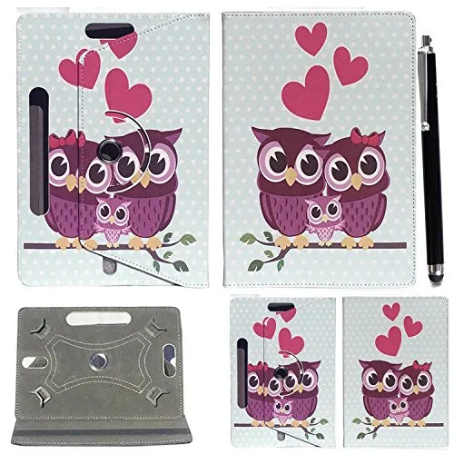 Colourful Stuff Custodia universale per tablet in ecopelle, con supporto, rotante a 360°, adatto per tutti i Tablet Android da 10” e 10,1”+ stilo touch pen FAMILY OWL CASE COVER Universal 10.1" & 10"