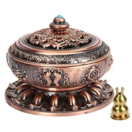 Kitchnexus - Bruciatore per incenso con portaincenso, stile tibetano, motivo fiore di loto, in lega di rame, per bastoncini e coni di incenso Copper Red