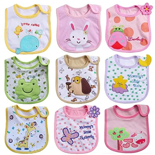 HaimoBurg Set di 9 Bavaglini, impermeabili Cotone, Disegni Bimbo Bavaglino Fumetto Modello Infante Baby Bambino Impermeabile Saliva Asciugamano Adatti a 0-2 anni (Set di 9 B)