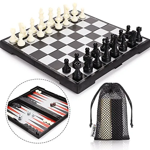 Peradix 3-in-1 Scacchiera,Scacchiera Magnetica 33CM x 33CM,Viaggiare Scacchi,Dama,Backgammon,Regalo per Adulti e Bambini,Scacchiera Pieghevole,Scacchiera in Bianco e Nero