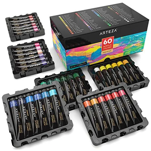 Arteza Colori Acrilici Professionali, Set da 60 Tubetti Grandi da 22ml, Tempere Acriliche per Dipingere su Tela, Pigmenti Brillanti e Fluidi Facili da Mescolare, Sia per Esperti che per Principianti