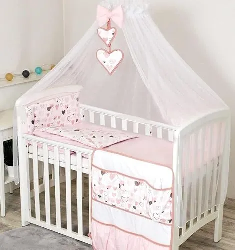 9 Pezzi set biancheria bebè da letto per lettino culla Cuscino Organizzatore Baldacchino Piumino Copripiumino (135 x 100 cm, Cuori Rosa)