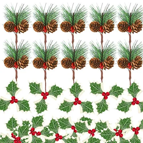 TUPARKA 24 Pezzi di Bacche Artificiali di Agrifoglio e Set di pigne di Natale, Include 12 Pezzi di Bacche Rosse e 12 Pezzi di Mini pini per Confezione Regalo di Natale Ghirlanda Decorazioni