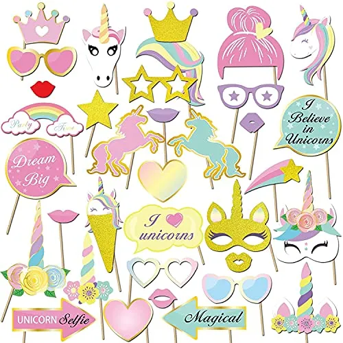 35 Pcs Unicorno photo booth puntelli, Konsait Unicorno party photo booth props Accessori fai da te Kit Foto Props Divertente Maschere Occhiali per bambini bambina Ragazza compleanno decorazione Regalo