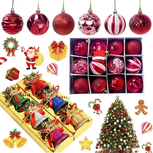 BAIBEI Natalizie Ornamento Decorazione, 6 Pezzi Campane di Natale in plastica+12 Pezzi Palle di Natale per L'Albero Impostare Ornamento Dell'Albero per la Decorazione dell'albero di Natale, 18pcs