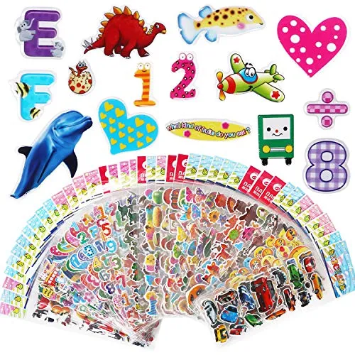 Vicloon Adesivi per Bambini 1000 Adesivi 3D, Puffy Adesivi per Regali Gratificanti Scrapbooking Inclusi Animali, Pesci, Lettere, Emoji, Dinosauri, Numeri, Frutta, Camion, Aeroplani e Altro(40 Fogli)