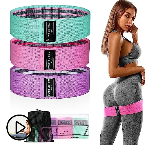 PORTENTUM Elastici fitness, set di 3 fasce elastiche fitness antiscivolo in tessuto. 3 livelli di resistenza per Crossfit, Yoga, Glutei e altri sport e borsa di stoccaggio