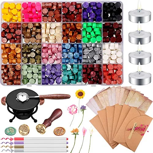 Kit di Cera Sigilli, Include Perline di Ceralacca Ottagonale, Candele, Scaldatore, Cucchiaio di Fusione Cera, Buste Vintage, Timbro Cera, Pennarello e Fiore Secco per Timbro di Cera Sigillo