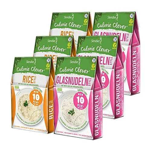 6 x Slendier Tagliatelle konjac biologiche, confezione per prove energetiche, 3 x tagliatelle di vetro 250 g + 3 x risotti 250 g, tagliatelle Shirataki, qualità biologica