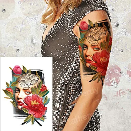 tzxdbh Autoadesivo del Tatuaggio del Fronte di Halloween Autoadesivo del Tatuaggio del Tatuaggio del Tatuaggio provvisorio Impermeabile del Peony delle Rose per Le Donne Cranio dello Zucchero
