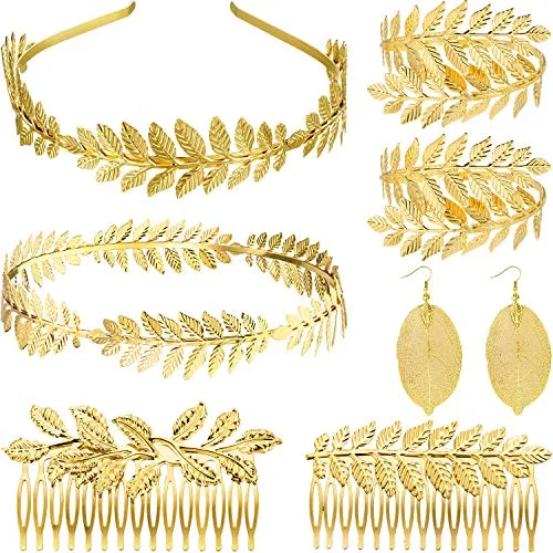 8 Pezzi Fascia per Dea Greca Accessori per Capelli Costume Bracciale e Alloro Romano, Fascia di Foglia Corona di Testa Corona per Capelli da Sposa, Pettine per Capelli Greco, Orecchini a Foglia