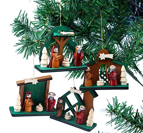 Brubaker 4 Pezzi Set presepi in Legno Ciondolo - Ornamenti Albero Maria e Giuseppe con Gesù - Ornamenti Albero di Natale in Legno - Dipinto a Mano