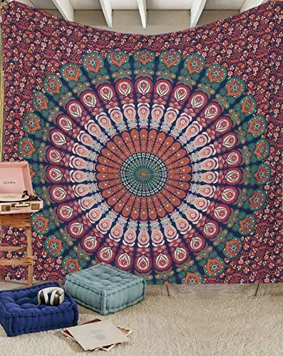 raajsee arazzo Mandala Telo Indiano Cotone, Hippy Bohémien Blu Arancione arazzo da Parete,Teli copritutto arredo,Dimensione Matrimoniale 210x220cms,Meditazione Yoga, Un Regalo di Natale Perfetto