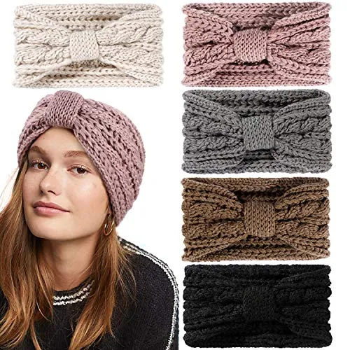 Tacobear 5pezzi Fascia Capelli Donna Inverno Fascia Capelli Nodo Caldo Turbante Fasce in Maglia Ear Warmer Scaldino dell'orecchio Crochet Headband Autunno Inverno Accessori per Capelli per Donna