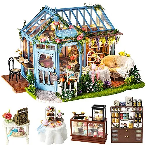 CUTEBEE Miniatura casa delle Bambole con mobili, Fai da Te Kit di Dollhouse di Legno Oltre a Prova di Polvere e Il Movimento della Musica
