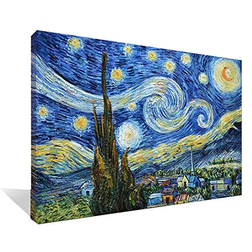 Asdam Art-(100% mano dipinta 3d)quadri blu notte stellata di vincent van gogh dipinti ad olio su tela allungati e incastrato moderna casa muro d'arte per salotto, camera sala da pranzo(24X36 inch)