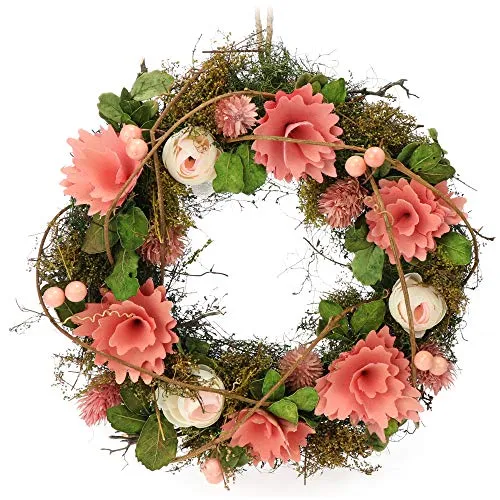 com-four® Ghirlanda per Porta con Fiori di Legno - Ghirlanda Decorativa - Decorazione Primaverile con Gancio per Appendere - Diametro ca. 30cm