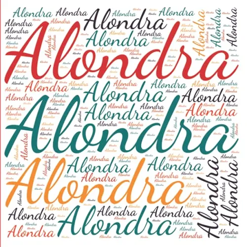 Alondra: 222 pages, size 8.5" x 8.5", white paper with light grey lines, Journal, Sketchbook, Notebook, Diary, white cover filled with wordcloud made ... colors and directions and a red spline.