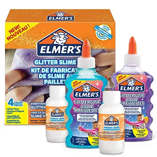 ELMER’S Kit Glitterato per Slime con Colla Glitterata Viola e Blu e 2 Flaconi di Liquido Magico Attivatore di Slime, 4 Pezzi