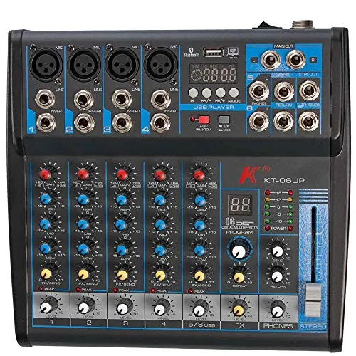 K kt-06up mixer a canali con scheda audio integrata, effetti, Bluetooth e lettore MP3