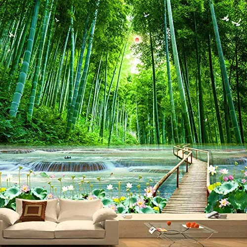 Fotomurali da parete fotografica 3D Foresta di bambù Ponte di legno Paesaggio naturale Grande murale Soggiorno Sfondo Decor Art Pittura murale,250X175CM(WxH)