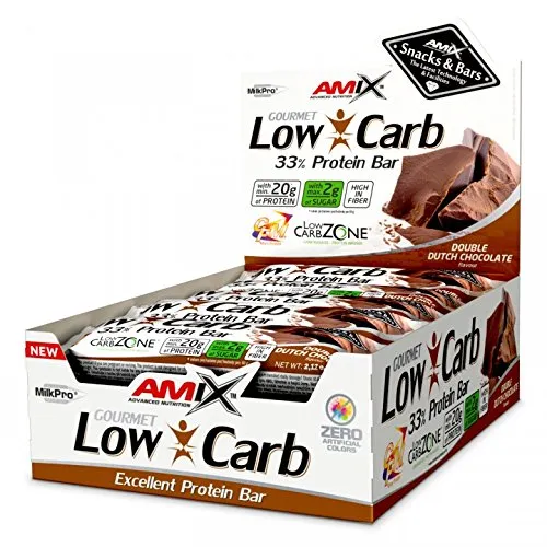 Amix - 15 barrette proteiche Low-Carb 33% da 60 g, doppio cioccolato