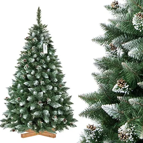 FairyTrees Albero di Natale Artificiale, Pino Naturale con Punte innevate, pigne Naturali, con supporto in legno, 180cm, FT04-180
