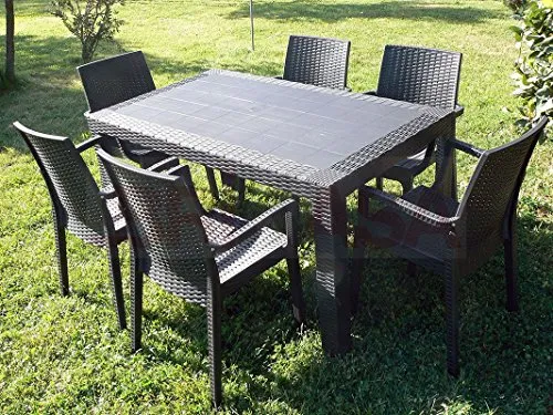 DIMAPLAST Set Garden Top Marrone Tavolo e 4 Poltrone in Resina Effetto Rattan da Giardino