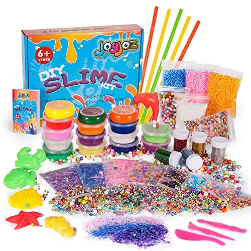 Joyjoz Slime DIY Kit Fluffy Giocattoli, 12 Slime Argilla Cristallo + 3 Slime Frutta Colorata, con Decorazioni come Sfere di Schiuma Colorata, Scuotimento di Glitter, Regalo Atossico per Bambini (43Pz)