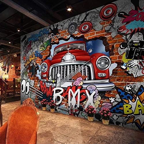 Fotomurali da parete Murale delle automobili del fumetto dei graffiti del muro di mattoni rotto 3d per la della decorazione 3d della parete della camera da letto del ragazzo del ristorante,250X175