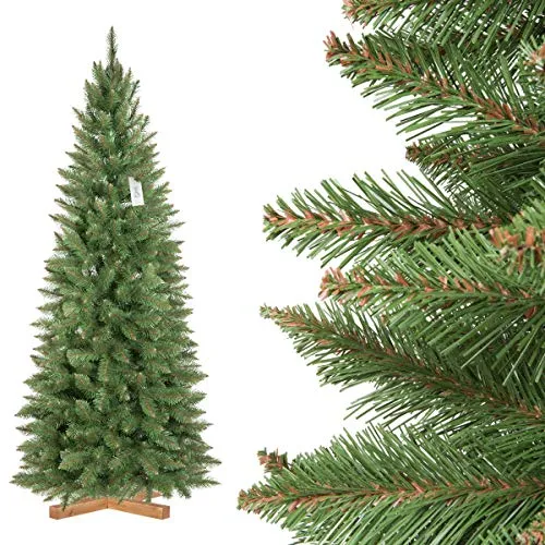 FairyTrees Albero di Natale Artificiale Abete Rosso/Peccio Naturale Slim, Tronco Verde, PVC, Supporto in Legno, 180cm, FT12-180