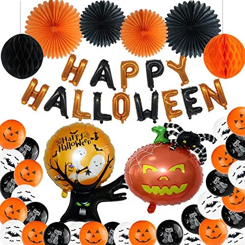 Shinelee Decorazione Halloween Palloncini Alluminio Albero Fantasma Zucca Ragno Sfere a Nido d'Ape Ventilatori di Carta Happy Halloween Banner Palloncini Lattice Festa Halloween