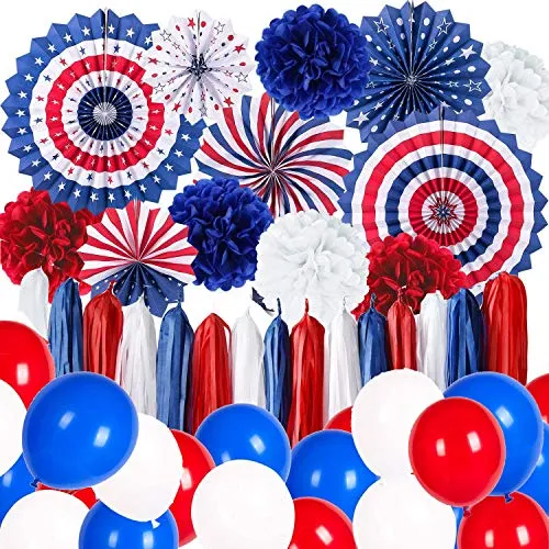 Decorazione per festa di anniversario dell'indipendenza, 4 luglio, bandiera americana, fan di carta, fiori di carta, palloncini rossi e blu, per feste americane