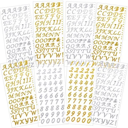 8 Fogli di Adesivi di Numeri Glitterati Alfabeto di Glitter in Colore Oro Argento Autoadesivo Etichette di Lettere DIY di Stampa a Caldo Biglietto di Auguri per Decorazione Casa Artigianato