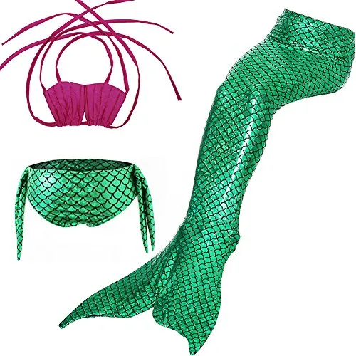 Demeras Costume da Bagno a Sirena da Bambina Set da 3 Pezzi Costume da Bikini a Sirena Monopinna Pinne Costume da Bagno per Bambini(110)