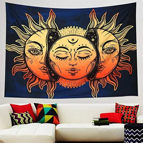 Dremisland arazzo Luna e Sole Psychedelic Wall Hanging arazzi Indiano Hippy Mandala Boemia Spiaggia Coperta per Letto Soggiorno Decor (Sole e Luna, L/200x148cm(79x58inch))