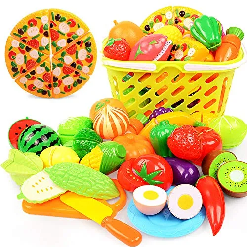 Oulensy 1 Pz Pizza + 1 Pz Fragola Frutta Verdure Cibo Taglio Giocattoli per Bambini da Cucina Giocattoli Finta Play Miniature in plastica Alimentare per Le Bambole da Regalo