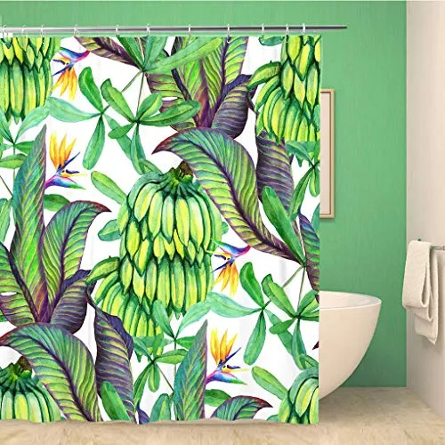 Awowee Decor - Tenda da doccia con motivo a banane tropicali con foglie di fiori, per sterlitzia, acquerello, foresta pluviale, 152 x 180 cm, in poliestere, impermeabile, con ganci per il bagno