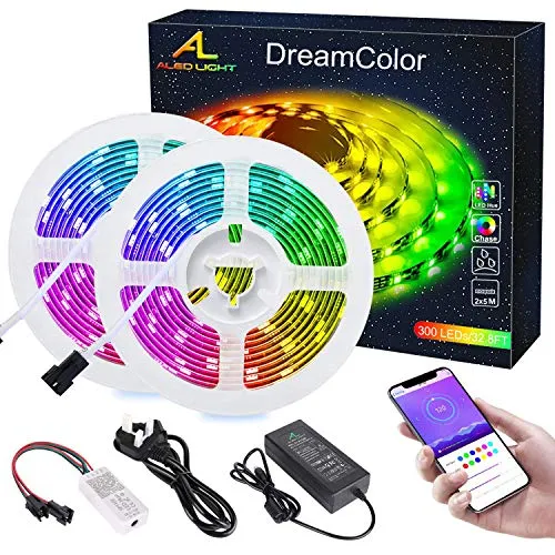 Striscia LED RGB Colore da Sogno con APP Bluetooth, ALED LIGHT 10m 5050 Strisce Luminosa Led Impermeabile Cambiamento Colore Luci Musica con IC Effetto Chasing Multicolore Natale Esterno Decorazioni