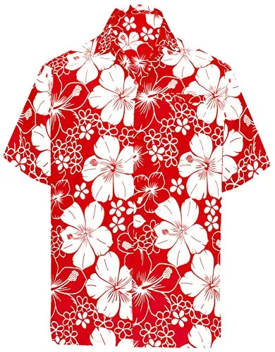 LA LEELA | Funky Camicia Hawaiana da Uomo | Maniche Corte | Tasca Frontale | Stampa Hawaiana | Spiaggia Floreale Fiore Ibisco Stampato Rosso_W301 XL - Torace (in CMS) : 121-132