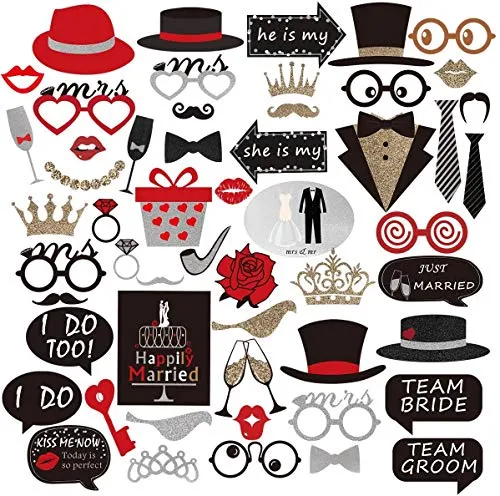 Photo Booth Matrimonio, 54PCS Photo Booth Puntelli Kit, Accessori Fai da Te Photo Booth Puntelli Kit Foto Props Divertente Maschere Baffi Cappello Occhiali per Matrimoni Partito Decorazione