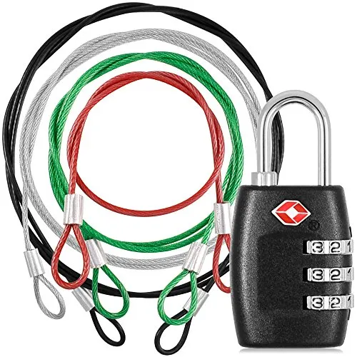 YuCool - Confezione da 4 fascette di sicurezza in acciaio INOX con combinazione a 3 quadranti, con cordino colorato rivestito in plastica per borse da bagagli, colore: argento, nero, verde, rosso
