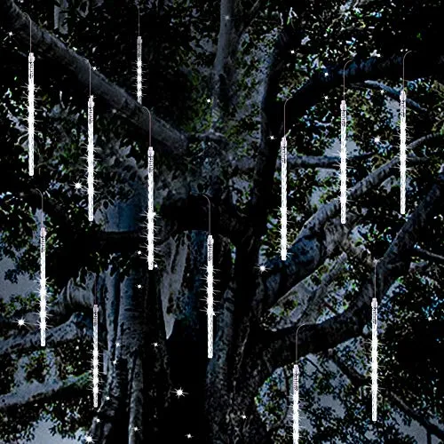Vikdio Pioggia di Meteoriti Luci Della Pioggia, 30cm 12 Tubi a Spirale 360 LEDs Impermeabile Luci di Stringa per Natale Halloween Albero del Giardino Home Decor, Supporto 3 Set Gancio (Bianca)