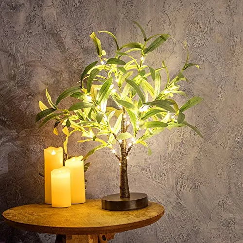 Albero luminoso decorativo | Albero luminoso con 24 luci a LED bianco caldo | rami luminosi da 45 cm per decorazione da tavolo | Timer USB e batterie | Decorazione per interni (albero d'ulivo 45 cm)
